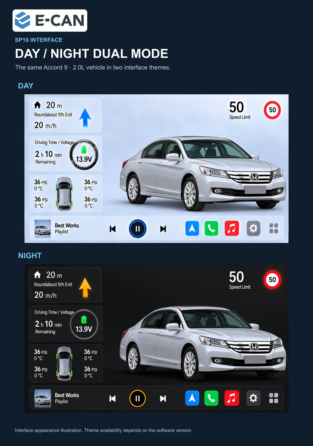 Honda Accord 9 · 2.0L interface 2014–2015 10.1-inch — 06b day night ui; installation/UI graphics are illustrative