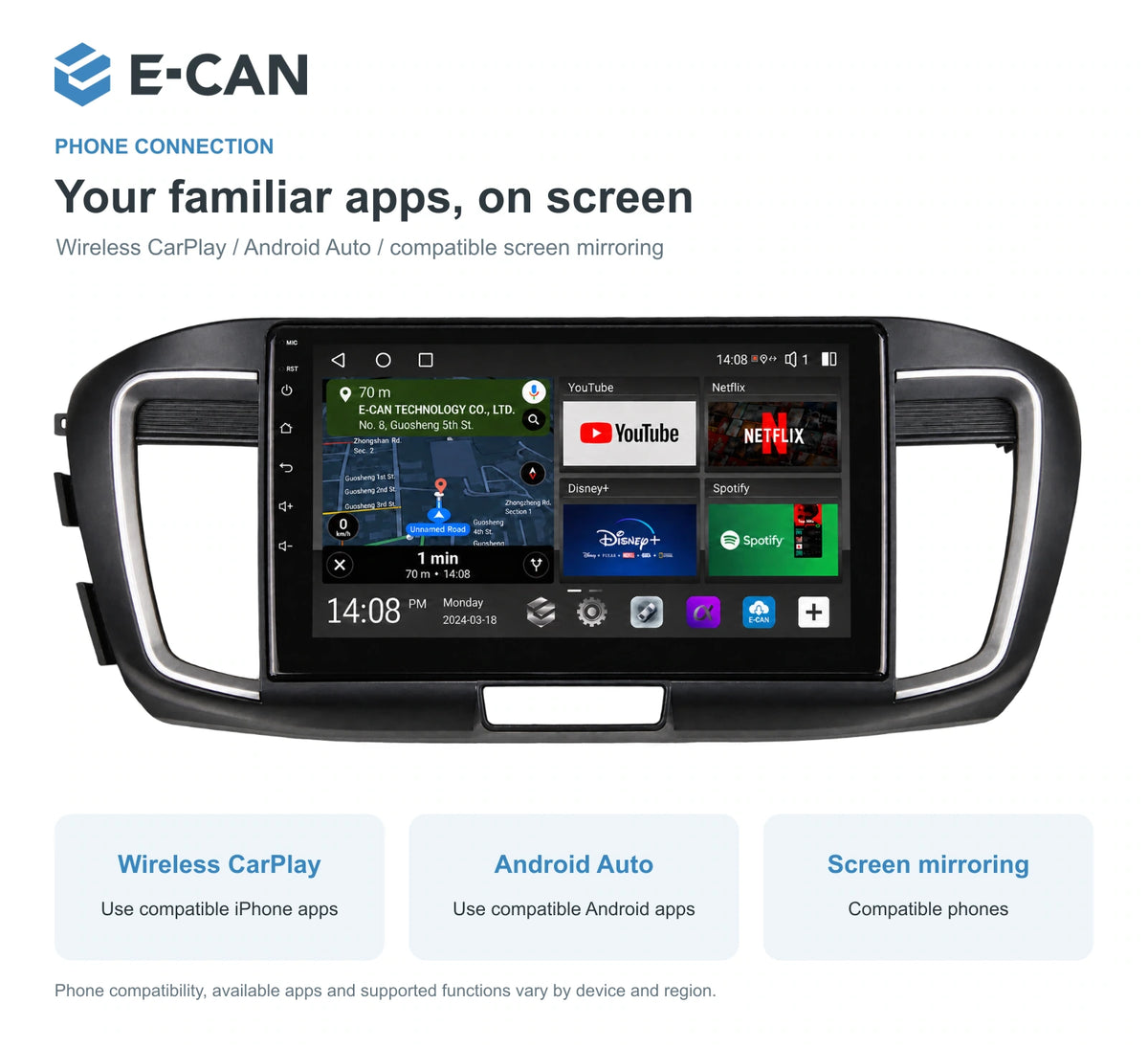 Honda Accord 9 · 2.0L interface 2014–2015 10.1-inch — 07 wireless phone link; installation/UI graphics are illustrative