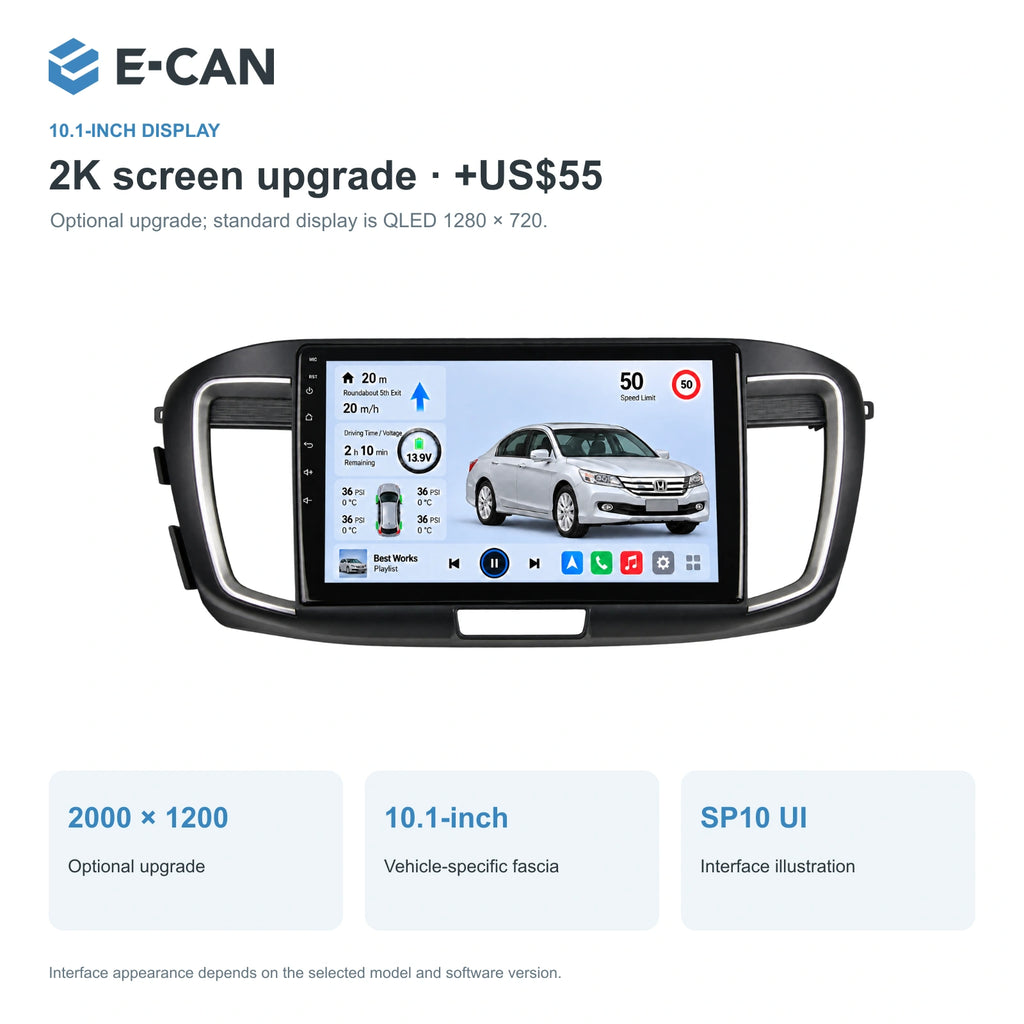 Honda Accord 9 · 2.0L interface 2014–2015 10.1-inch — 02 2k display; installation/UI graphics are illustrative