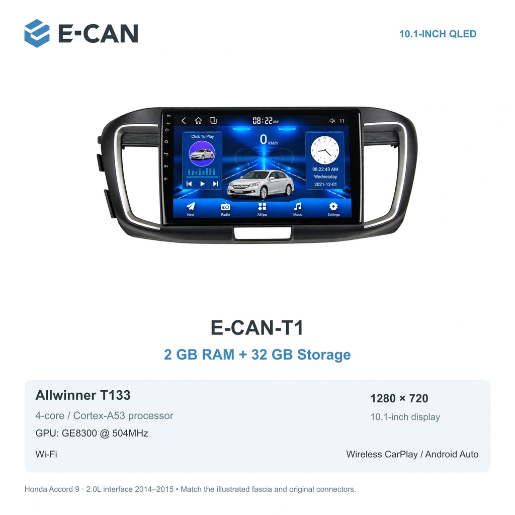 Honda Accord 9 · 2.0L interface 2014–2015 10.1-inch — 01 t1 2 32gb; installation/UI graphics are illustrative