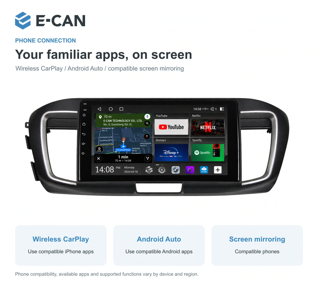 Honda Accord 9 · 2.4L interface 2014–2015 10.1-inch — 07 wireless phone link; installation/UI graphics are illustrative