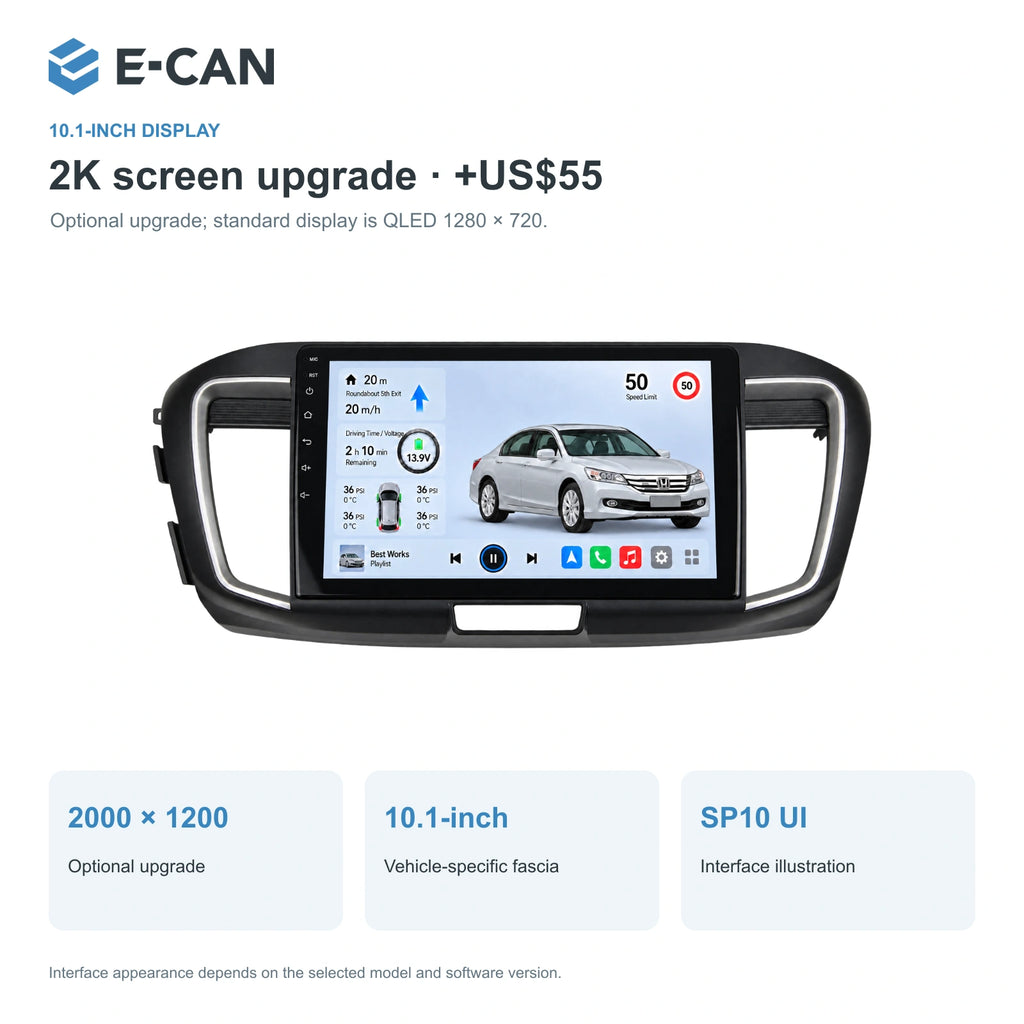 Honda Accord 9 · 2.4L interface 2014–2015 10.1-inch — 02 2k display; installation/UI graphics are illustrative