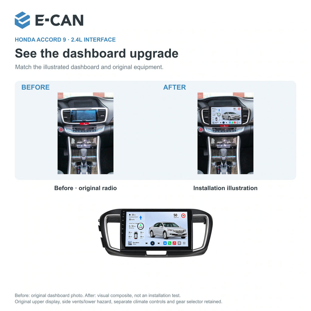 Honda Accord 9 · 2.4L interface 2014–2015 10.1-inch — 03 installation comparison; installation/UI graphics are illustrative