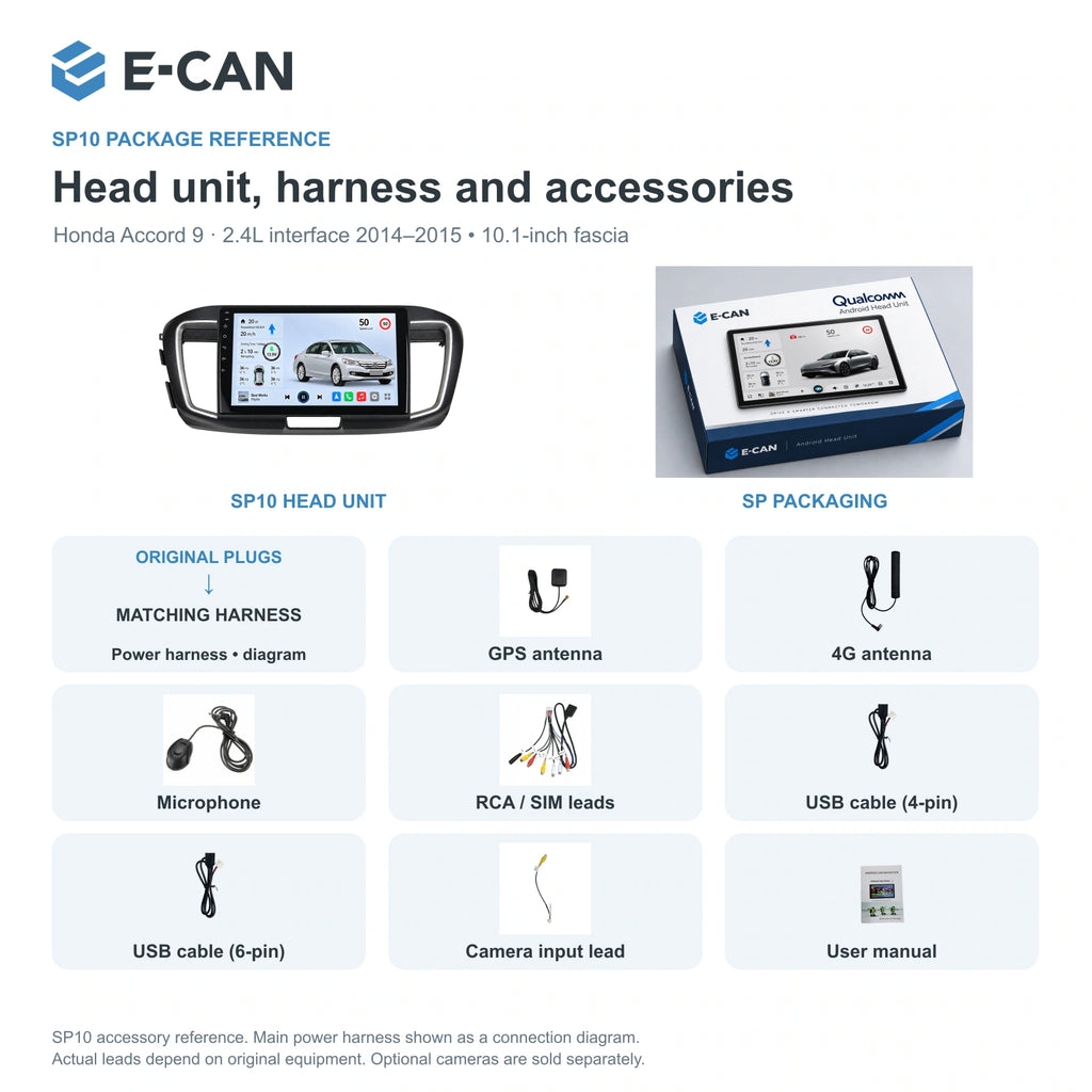Honda Accord 9 · 2.4L interface 2014–2015 10.1-inch — 10 sp package and wiring; installation/UI graphics are illustrative