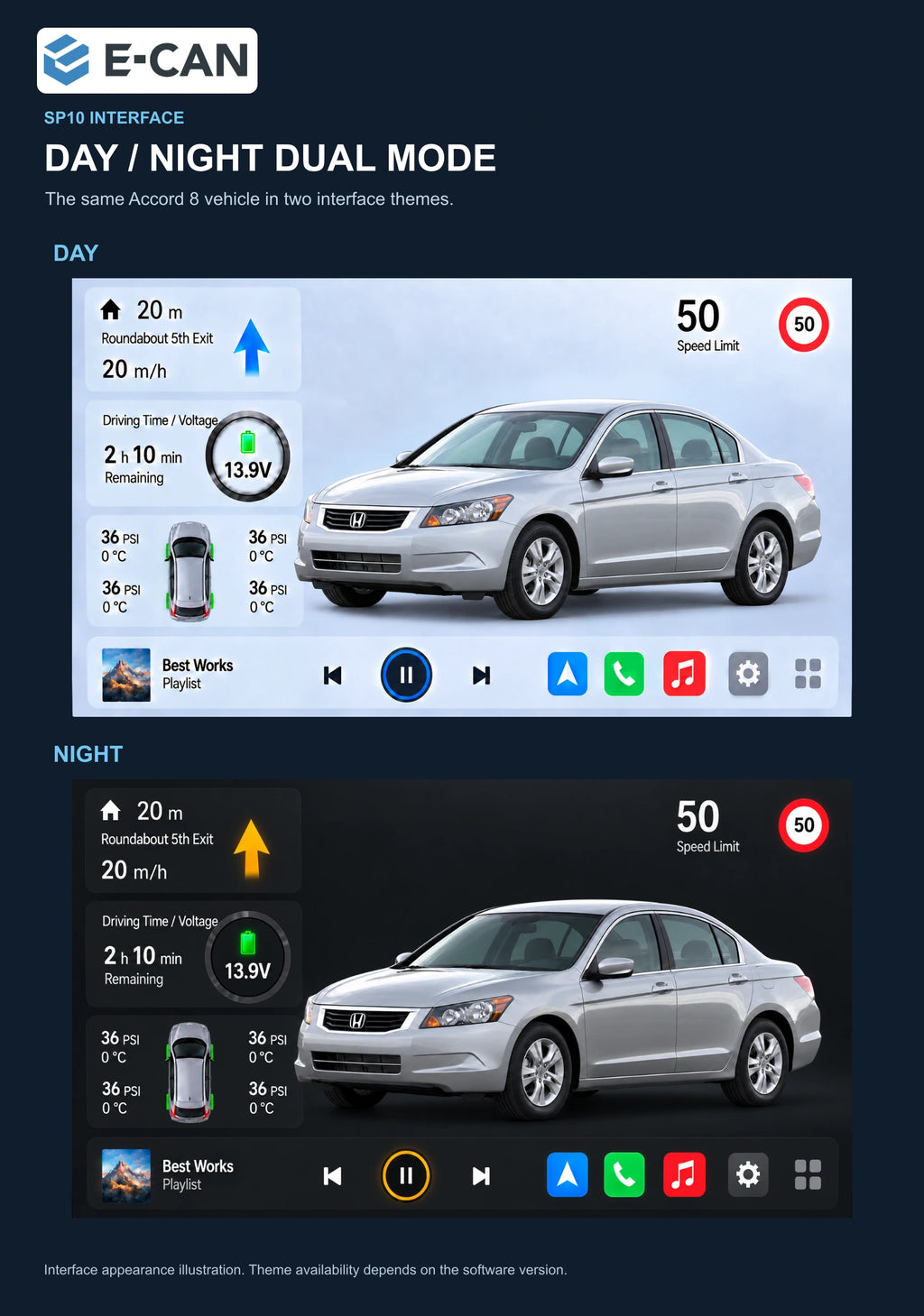 Honda Accord 8 · upper display 2008 9-inch — 06b day night ui; installation/UI graphics are illustrative