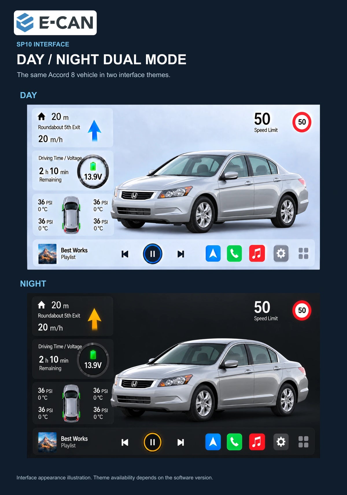 Honda Accord 8 · upper display 2008 9-inch — 06b day night ui; installation/UI graphics are illustrative