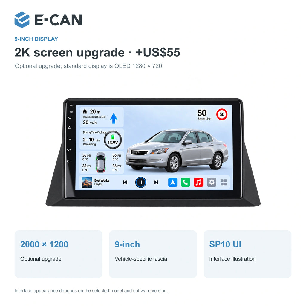 Honda Accord 8 · upper display 2008 9-inch — 02 2k display; installation/UI graphics are illustrative