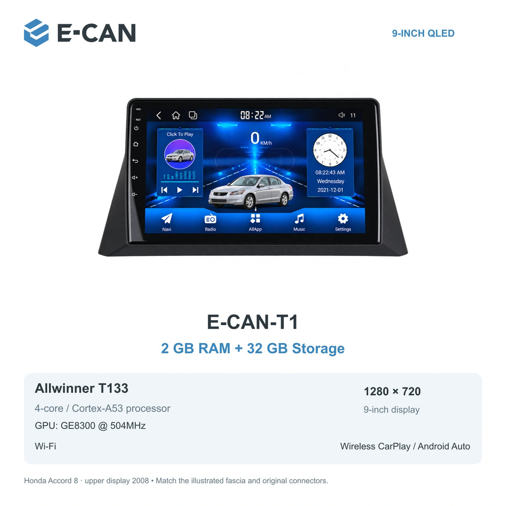 Honda Accord 8 · upper display 2008 9-inch — 01 t1 2 32gb; installation/UI graphics are illustrative
