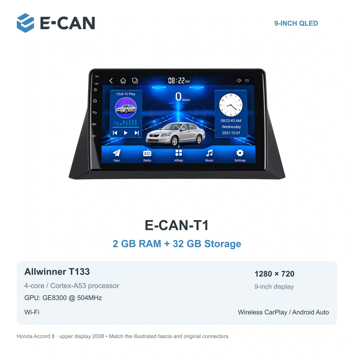 Honda Accord 8 · upper display 2008 9-inch — 01 t1 2 32gb; installation/UI graphics are illustrative