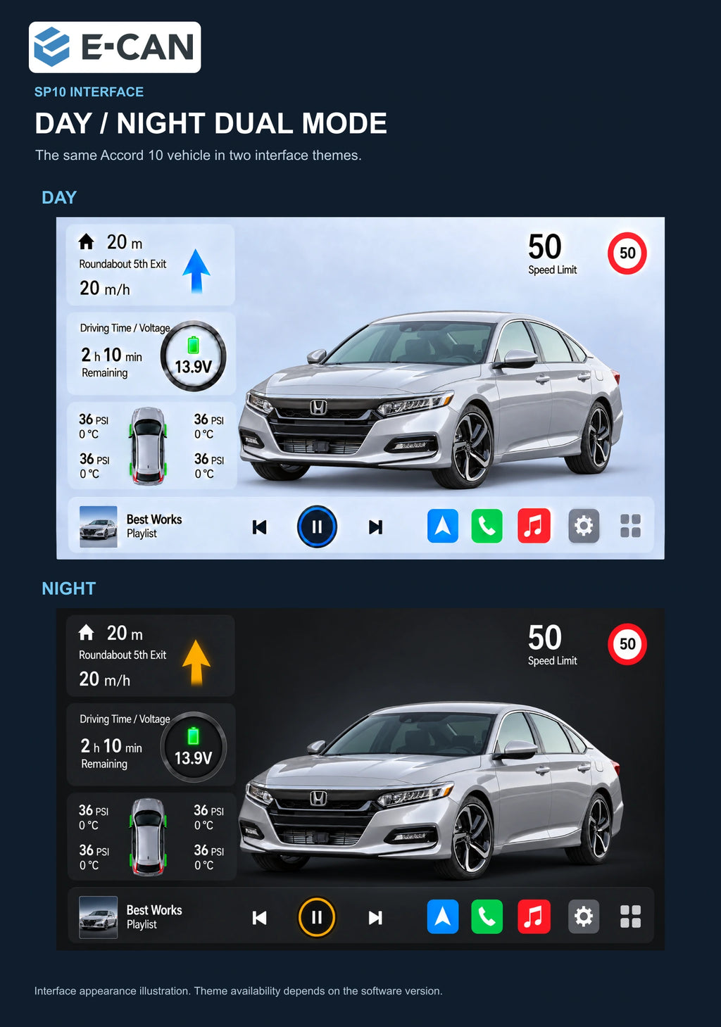Honda Accord 10 · tablet style 2018 9-inch — 06b day night ui; installation/UI graphics are illustrative