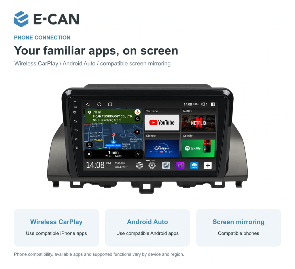 Honda Accord 10 · tablet style 2018 9-inch — 07 wireless phone link; installation/UI graphics are illustrative