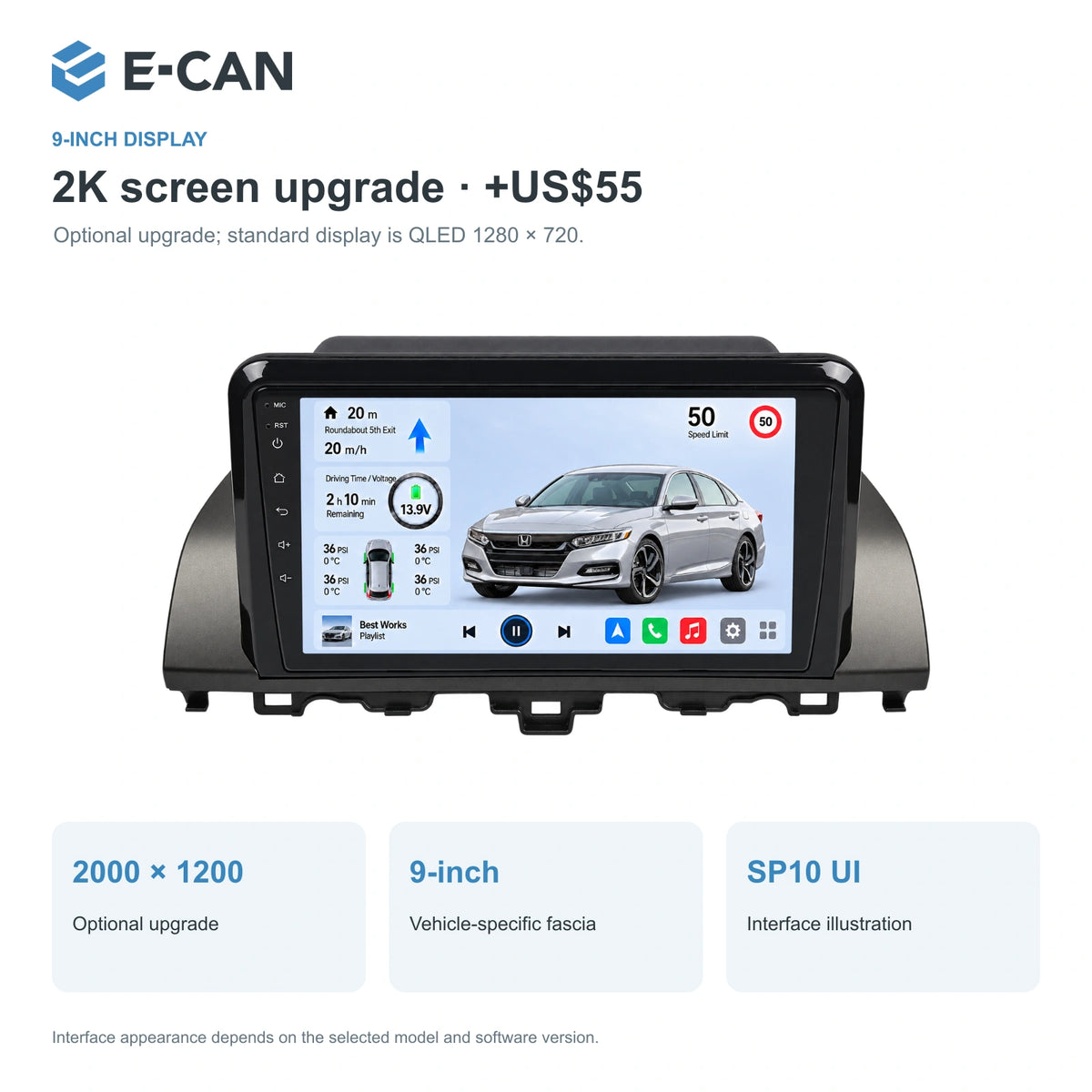 Honda Accord 10 · tablet style 2018 9-inch — 02 2k display; installation/UI graphics are illustrative
