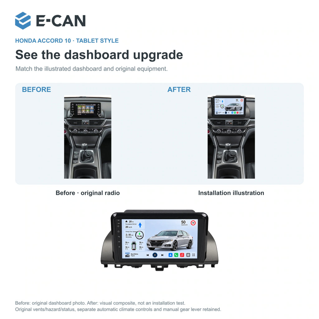 Honda Accord 10 · tablet style 2018 9-inch — 03 installation comparison; installation/UI graphics are illustrative
