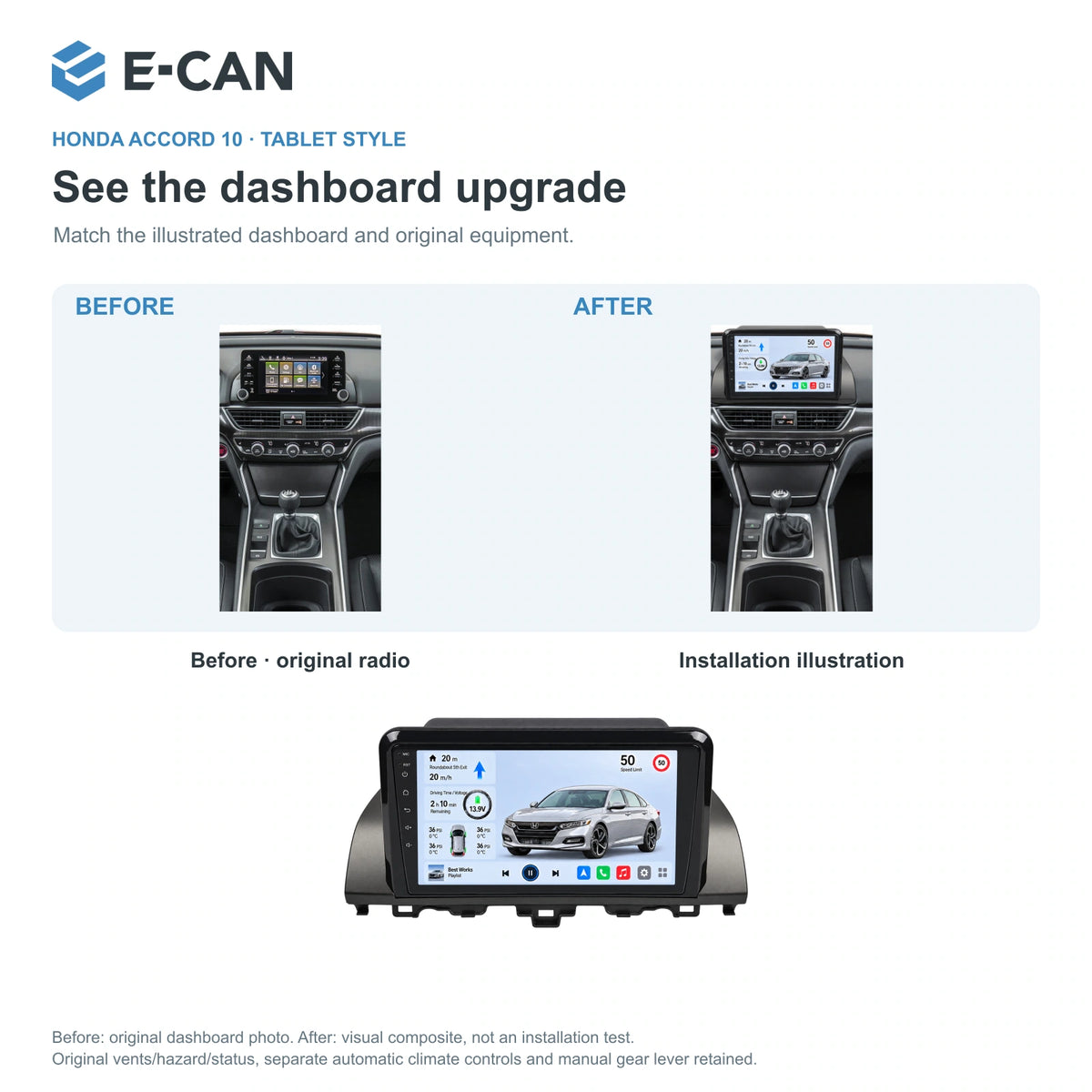 Honda Accord 10 · tablet style 2018 9-inch — 03 installation comparison; installation/UI graphics are illustrative