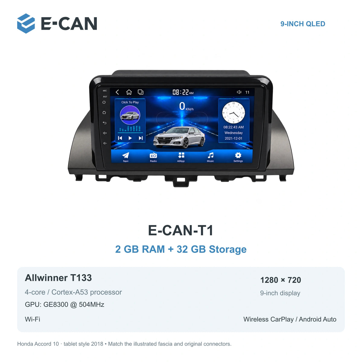Honda Accord 10 · tablet style 2018 9-inch — 01 t1 2 32gb; installation/UI graphics are illustrative