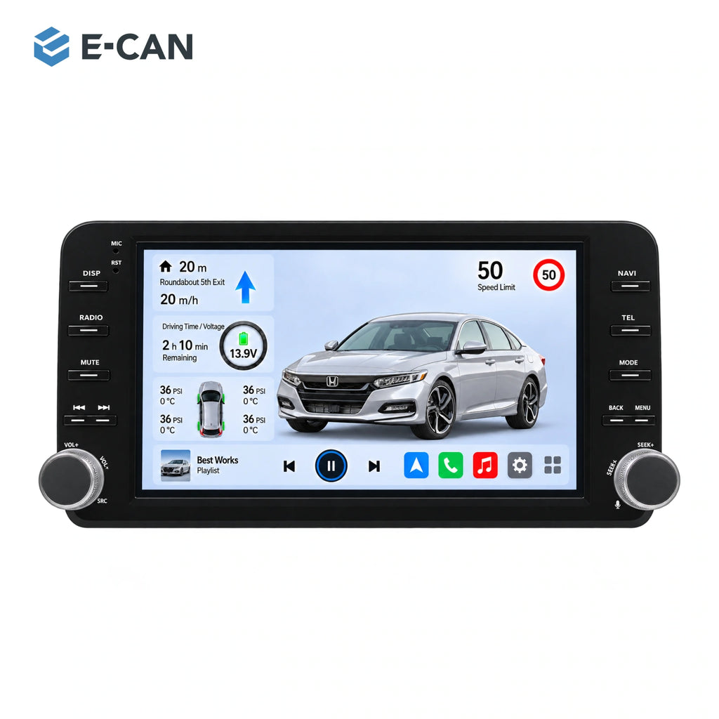 Honda Accord 10 · OE-style two-knob 2018 9-inch — 01 product white; installation/UI graphics are illustrative