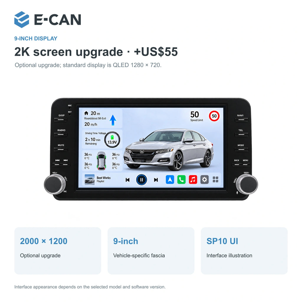 Honda Accord 10 · OE-style two-knob 2018 9-inch — 02 2k display; installation/UI graphics are illustrative