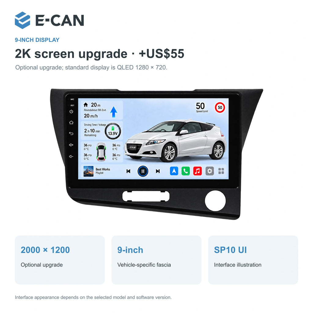 Honda CR-Z · right-hand drive 2010–2012 9-inch — 02 2k display; installation/UI graphics are illustrative