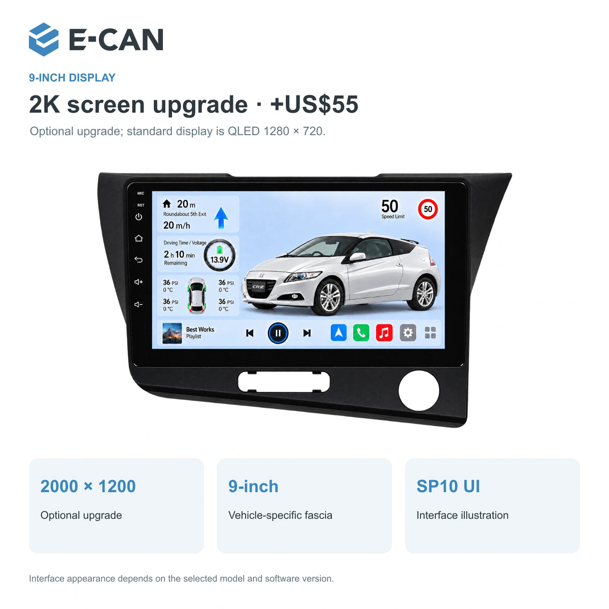 Honda CR-Z · right-hand drive 2010–2012 9-inch — 02 2k display; installation/UI graphics are illustrative