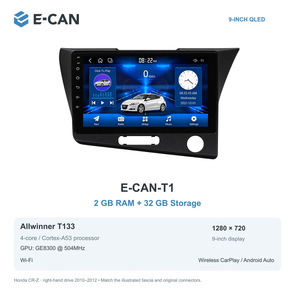 Honda CR-Z · right-hand drive 2010–2012 9-inch — 01 t1 2 32gb; installation/UI graphics are illustrative