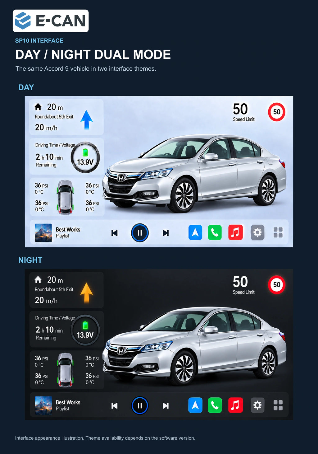 Honda Accord 9 · right-hand drive 2013–2015 10-inch — 06b day night ui; installation/UI graphics are illustrative