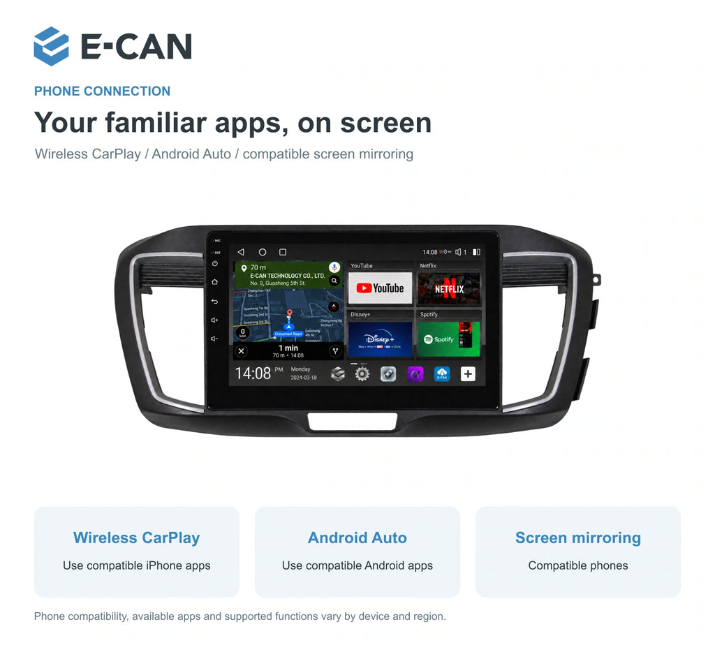 Honda Accord 9 · right-hand drive 2013–2015 10-inch — 07 wireless phone link; installation/UI graphics are illustrative