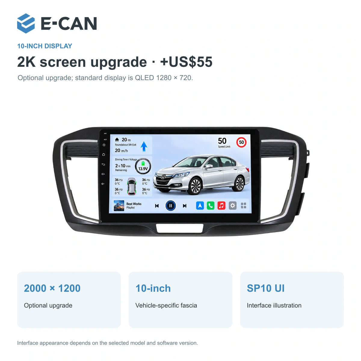Honda Accord 9 · right-hand drive 2013–2015 10-inch — 02 2k display; installation/UI graphics are illustrative