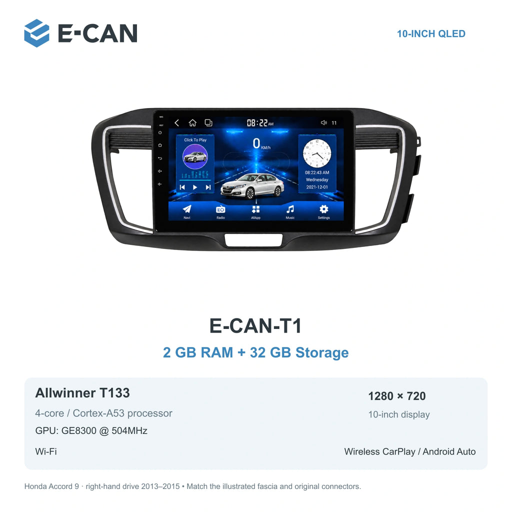 Honda Accord 9 · right-hand drive 2013–2015 10-inch — 01 t1 2 32gb; installation/UI graphics are illustrative