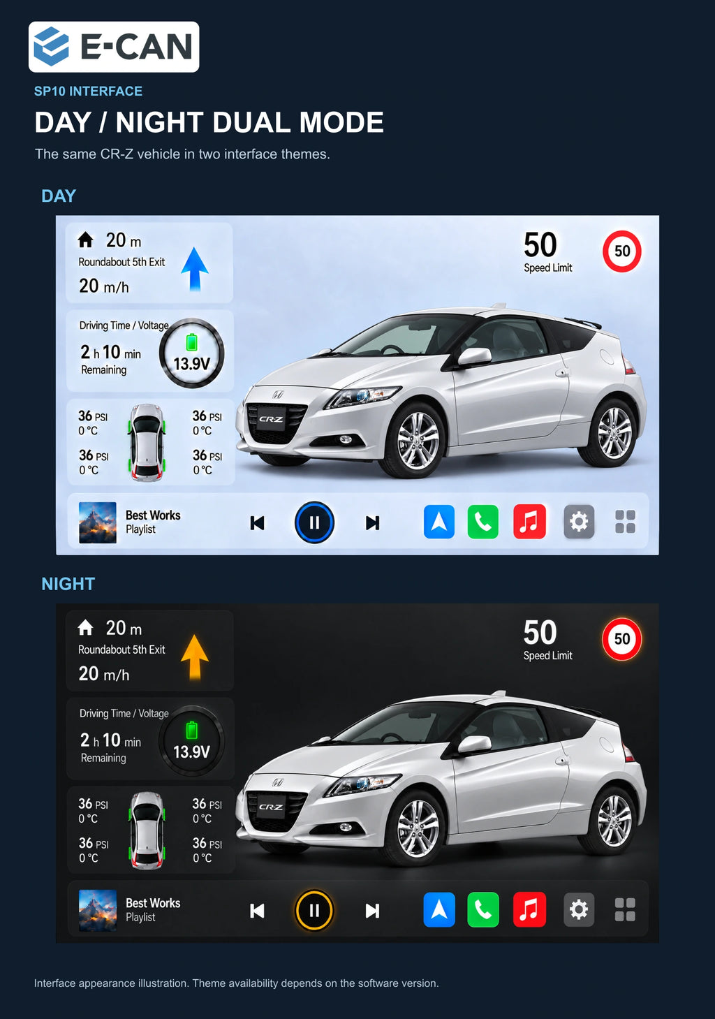 Honda CR-Z · left-hand drive 2011–2012 9-inch — 06b day night ui; installation/UI graphics are illustrative