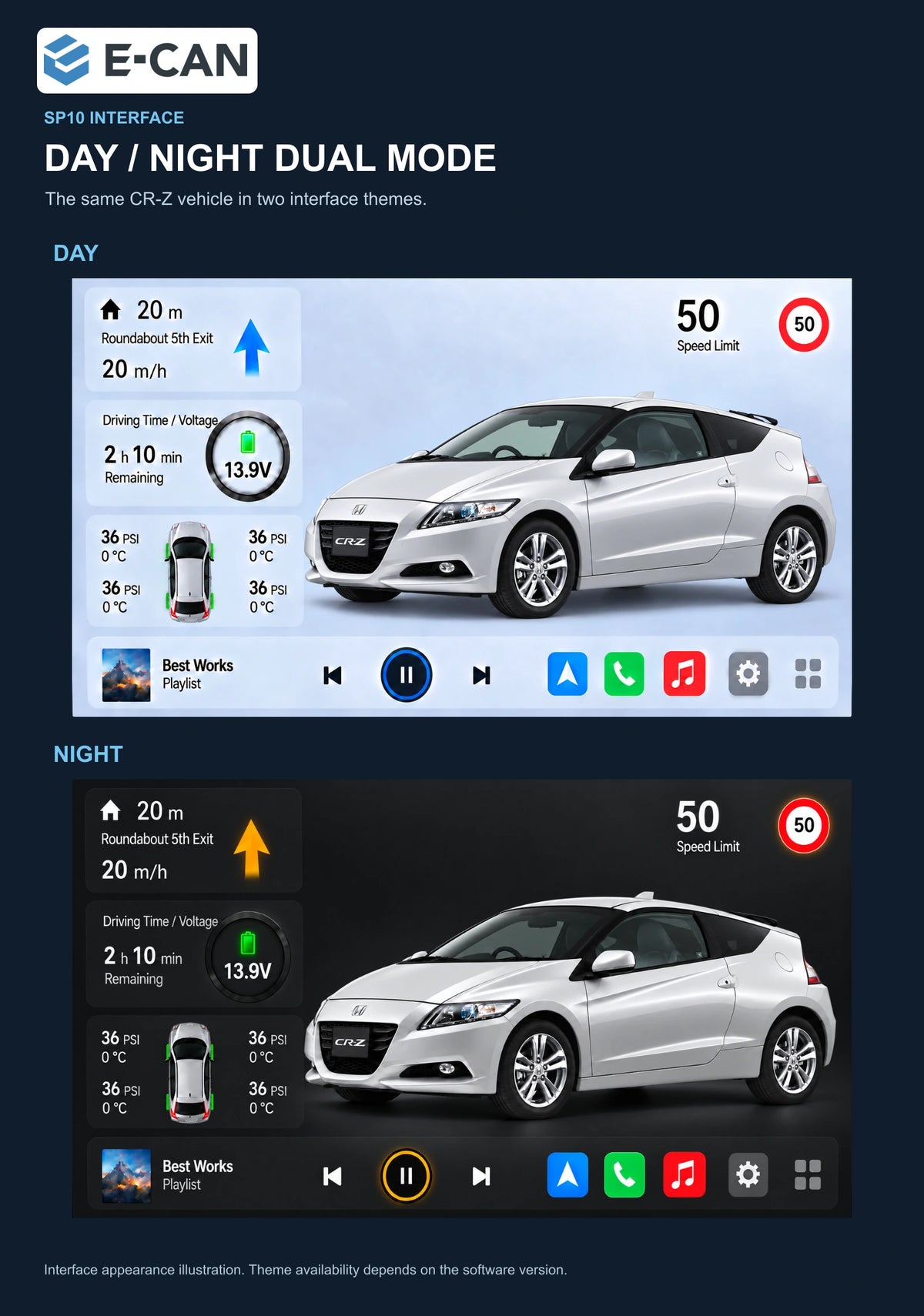 Honda CR-Z · left-hand drive 2011–2012 9-inch — 06b day night ui; installation/UI graphics are illustrative