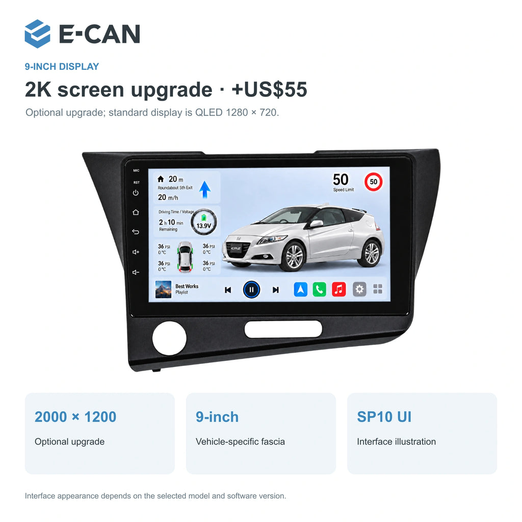 Honda CR-Z · left-hand drive 2011–2012 9-inch — 02 2k display; installation/UI graphics are illustrative