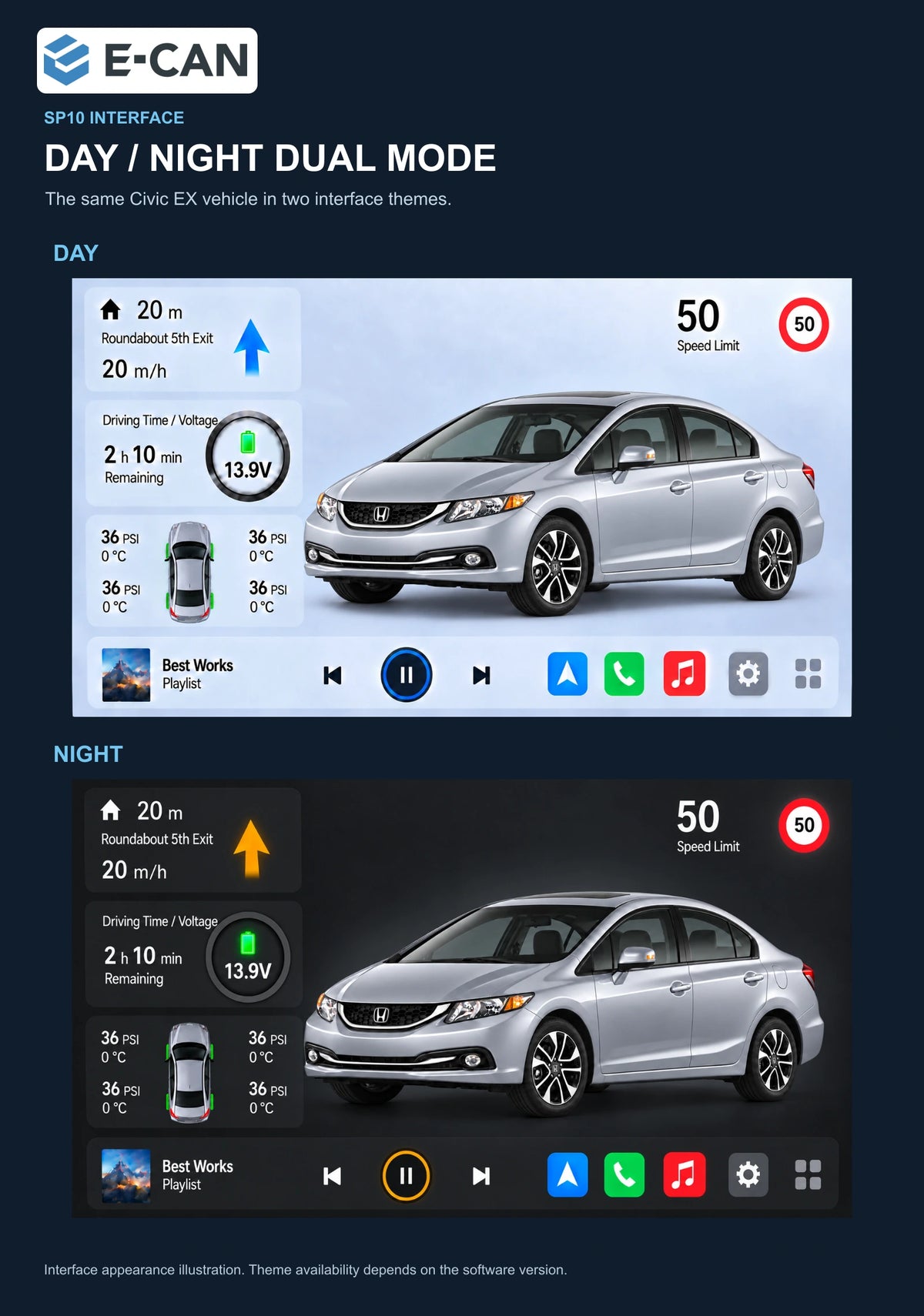 Honda Civic EX · facelift 2013–2015 9-inch — 06b day night ui; installation/UI graphics are illustrative