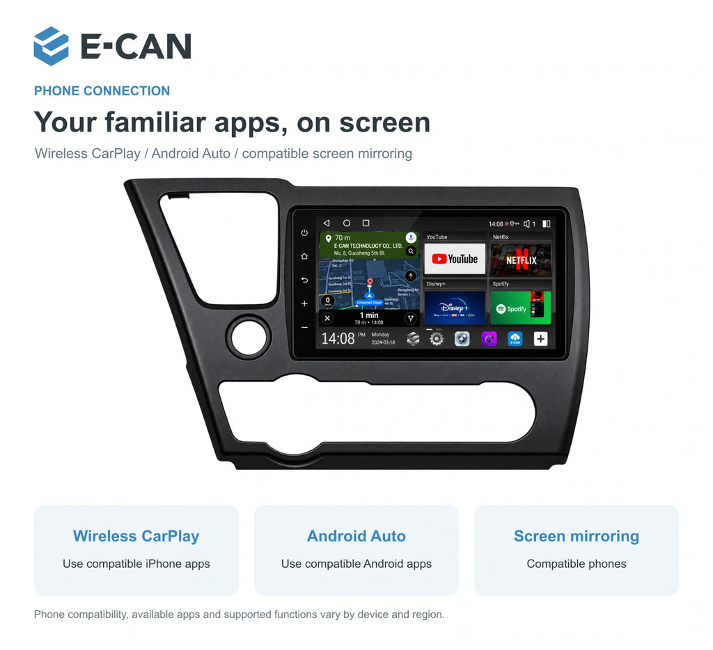 Honda Civic EX · facelift 2013–2015 9-inch — 07 wireless phone link; installation/UI graphics are illustrative