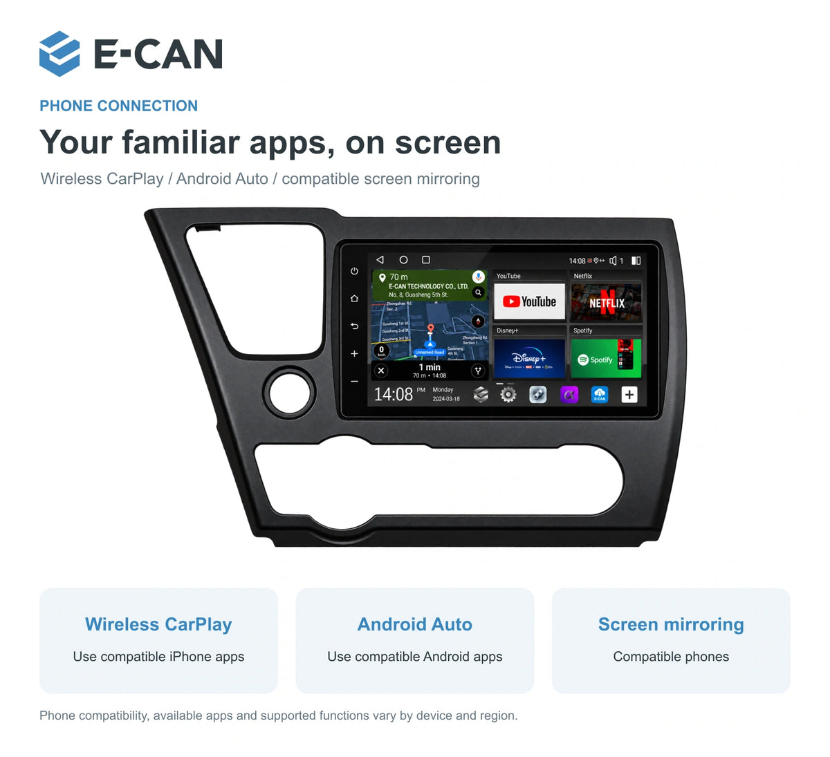 Honda Civic EX · facelift 2013–2015 9-inch — 07 wireless phone link; installation/UI graphics are illustrative