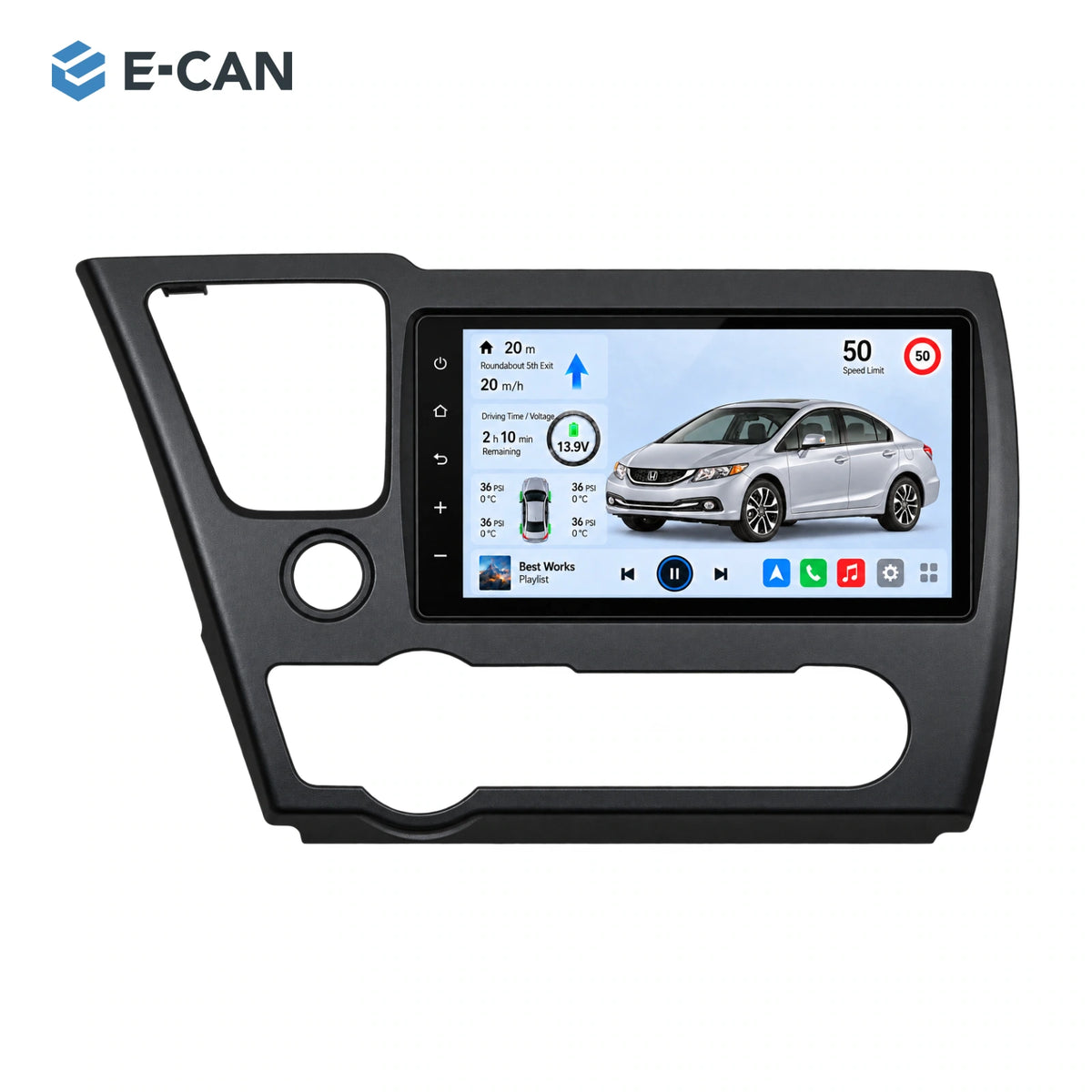 Honda Civic EX · facelift 2013–2015 9-inch — 01 product white; installation/UI graphics are illustrative