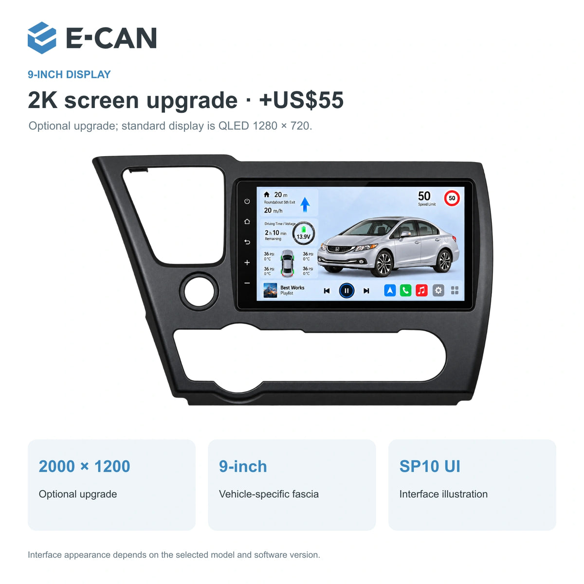 Honda Civic EX · facelift 2013–2015 9-inch — 02 2k display; installation/UI graphics are illustrative