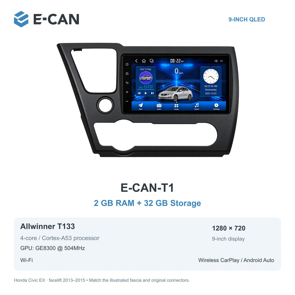 Honda Civic EX · facelift 2013–2015 9-inch — 01 t1 2 32gb; installation/UI graphics are illustrative