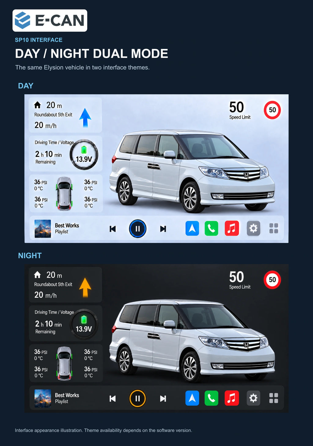 Honda Elysion · China 2012–2015 9-inch — 06b day night ui; installation/UI graphics are illustrative