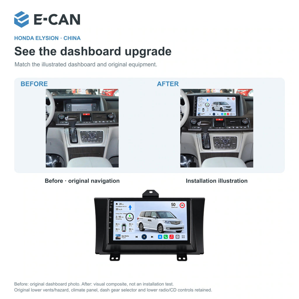 Honda Elysion · China 2012–2015 9-inch — 03 installation comparison; installation/UI graphics are illustrative