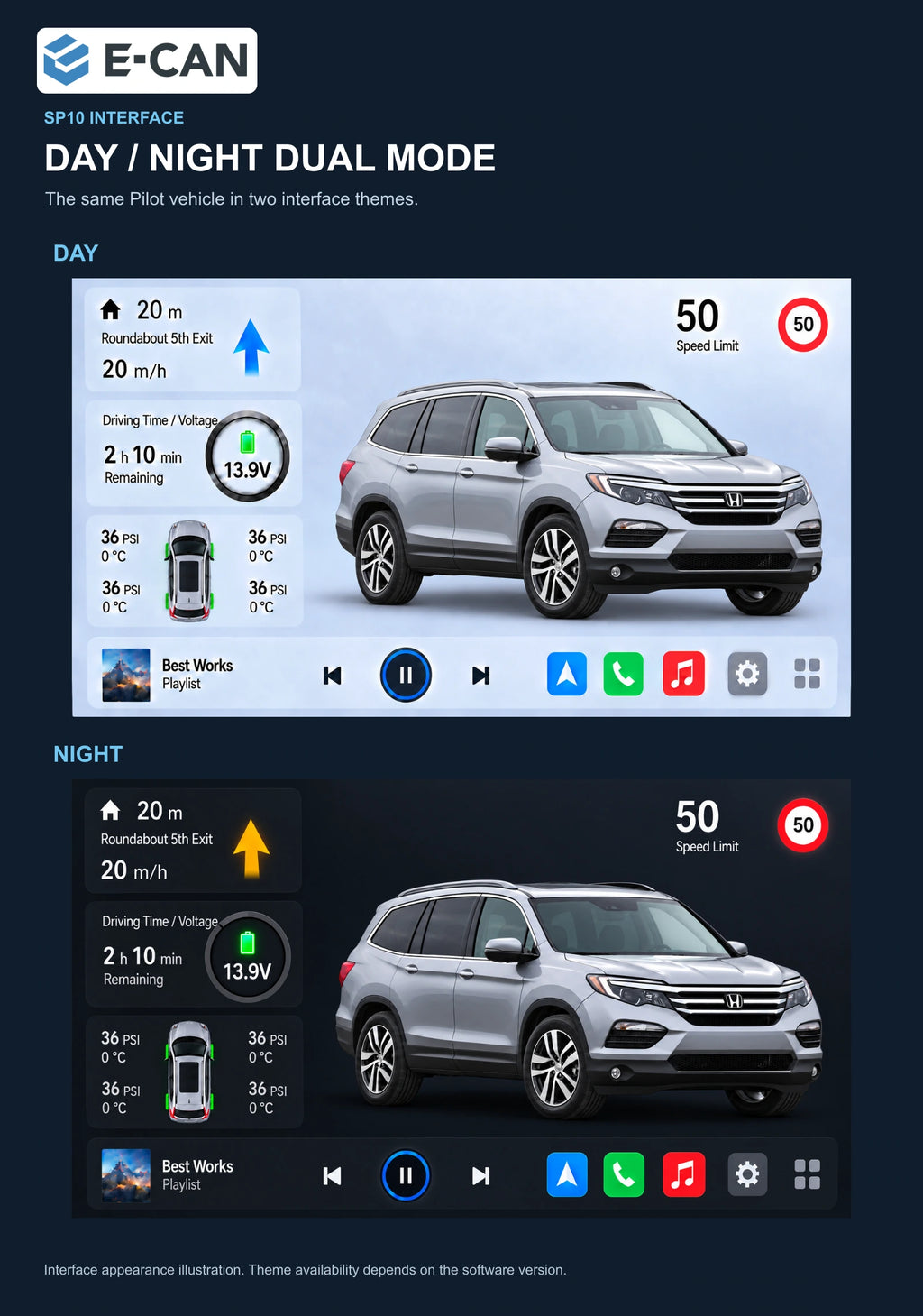 Honda Pilot 2016 10.1-inch — 06b day night ui; installation/UI graphics are illustrative