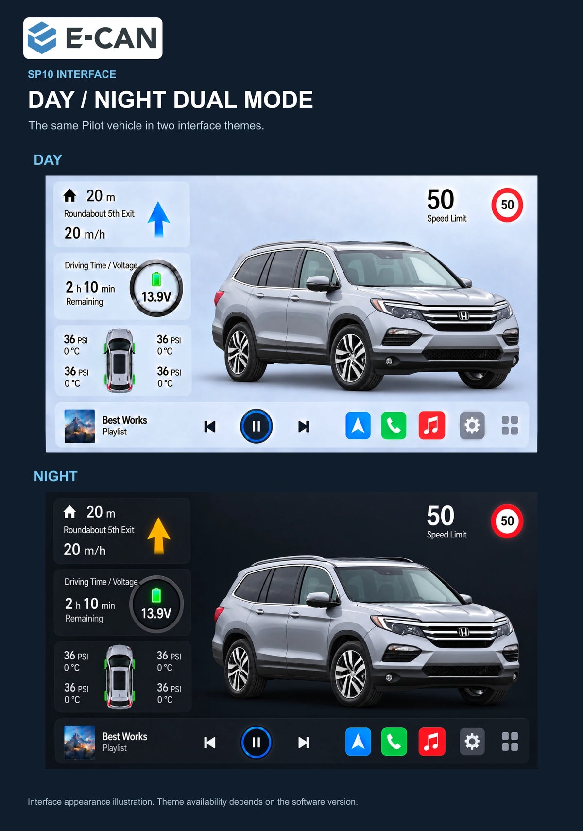 Honda Pilot 2016 10.1-inch — 06b day night ui; installation/UI graphics are illustrative