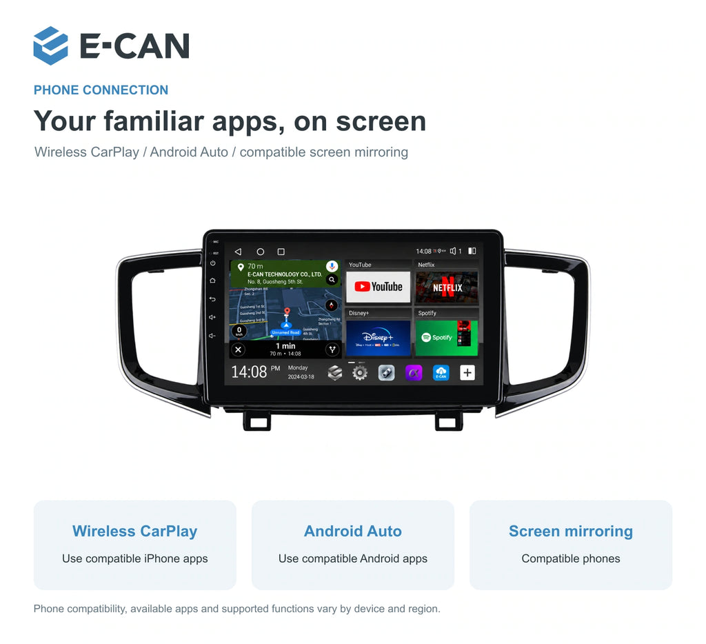 Honda Pilot 2016 10.1-inch — 07 wireless phone link; installation/UI graphics are illustrative