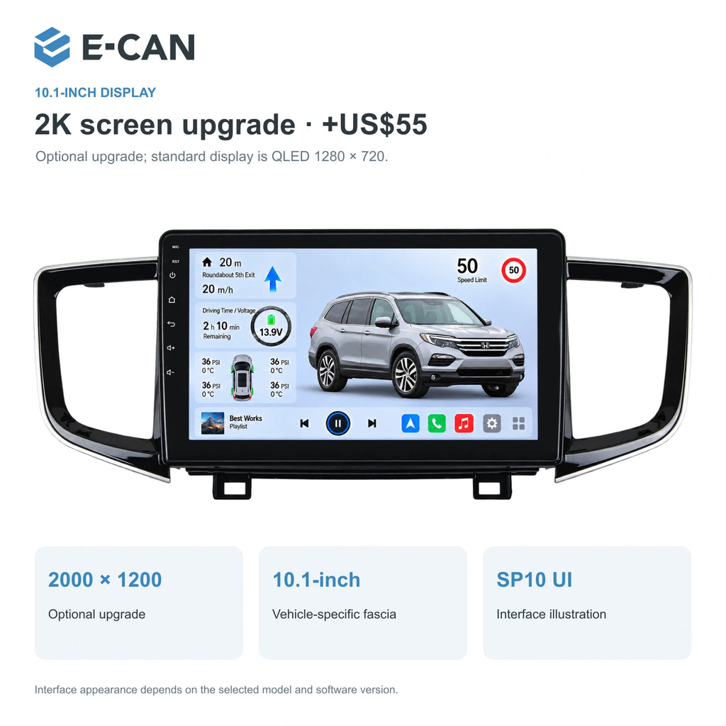 Honda Pilot 2016 10.1-inch — 02 2k display; installation/UI graphics are illustrative