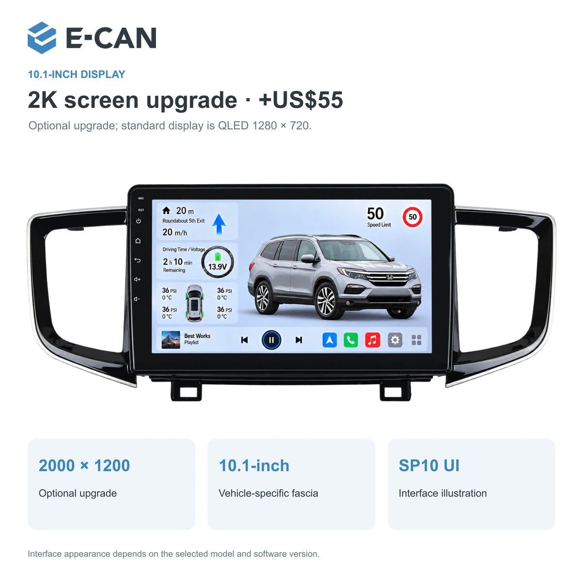 Honda Pilot 2016 10.1-inch — 02 2k display; installation/UI graphics are illustrative