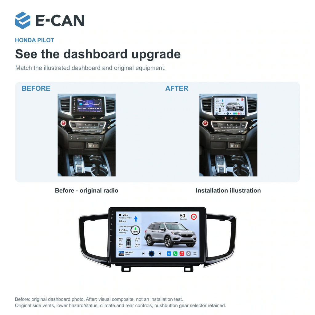 Honda Pilot 2016 10.1-inch — 03 installation comparison; installation/UI graphics are illustrative