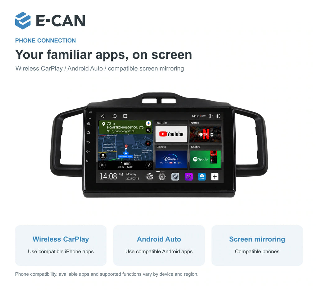 Honda FREED · black fascia 2011–2014 10.1-inch — 07 wireless phone link; installation/UI graphics are illustrative