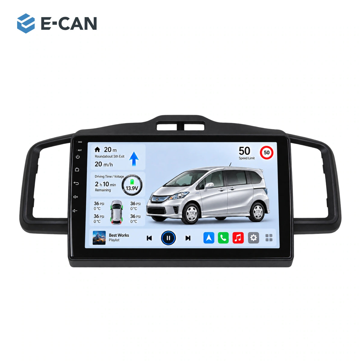 Honda FREED · black fascia 2011–2014 10.1-inch — 01 product white; installation/UI graphics are illustrative