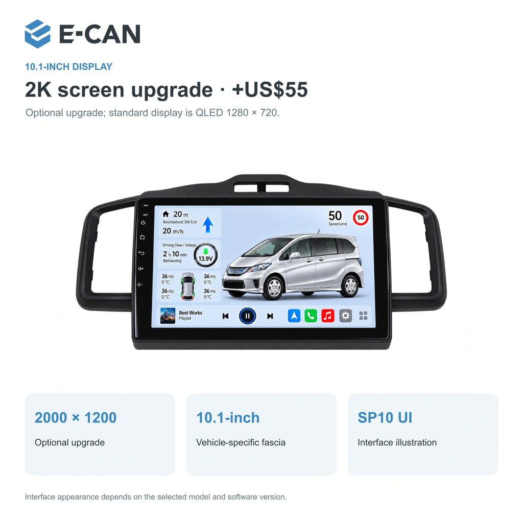 Honda FREED · black fascia 2011–2014 10.1-inch — 02 2k display; installation/UI graphics are illustrative