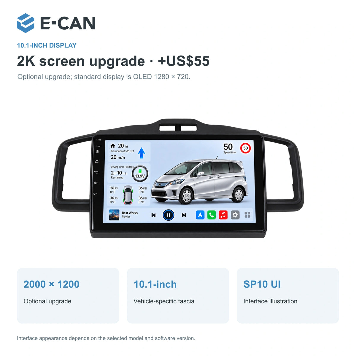 Honda FREED · black fascia 2011–2014 10.1-inch — 02 2k display; installation/UI graphics are illustrative
