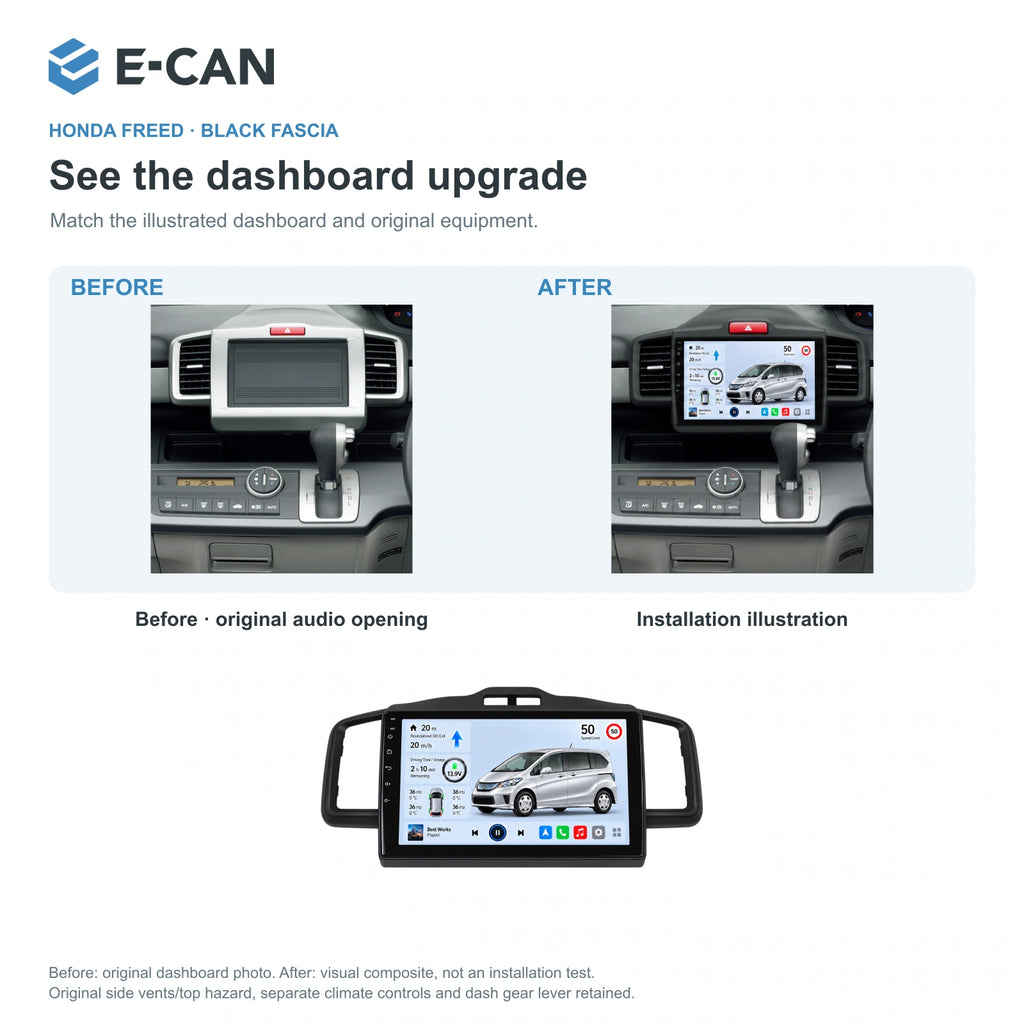 Honda FREED · black fascia 2011–2014 10.1-inch — 03 installation comparison; installation/UI graphics are illustrative